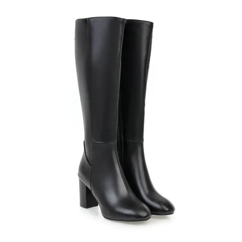 Heeled Knee High Leather Boots with Side Zip