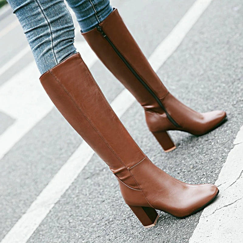 Heeled Knee High Leather Boots with Side Zip