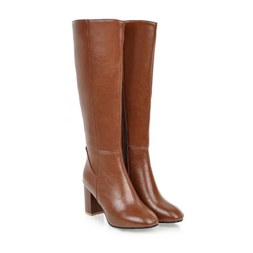 Heeled Knee High Leather Boots with Side Zip