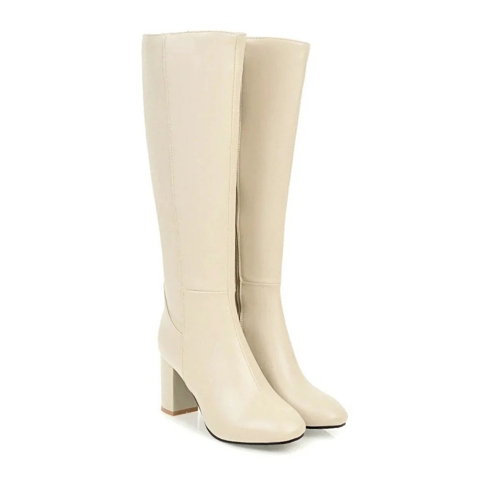 Heeled Knee High Leather Boots with Side Zip