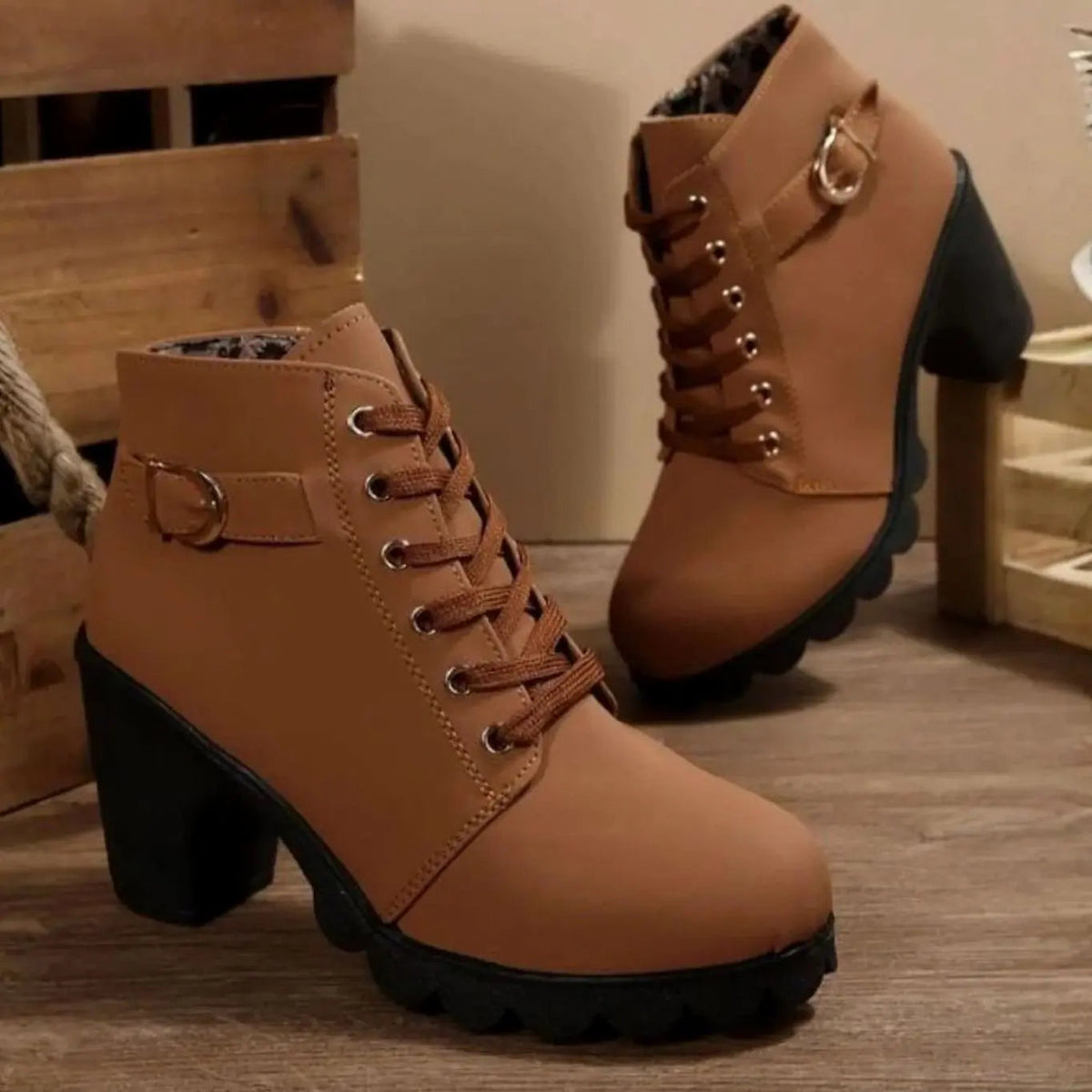 Heeled Lace-Up Ankle Boots with Buckle Strap and Platform Sole