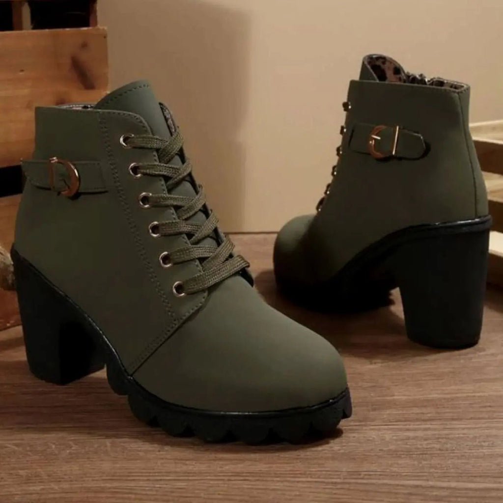 Heeled Lace-Up Ankle Boots with Buckle Strap and Platform Sole