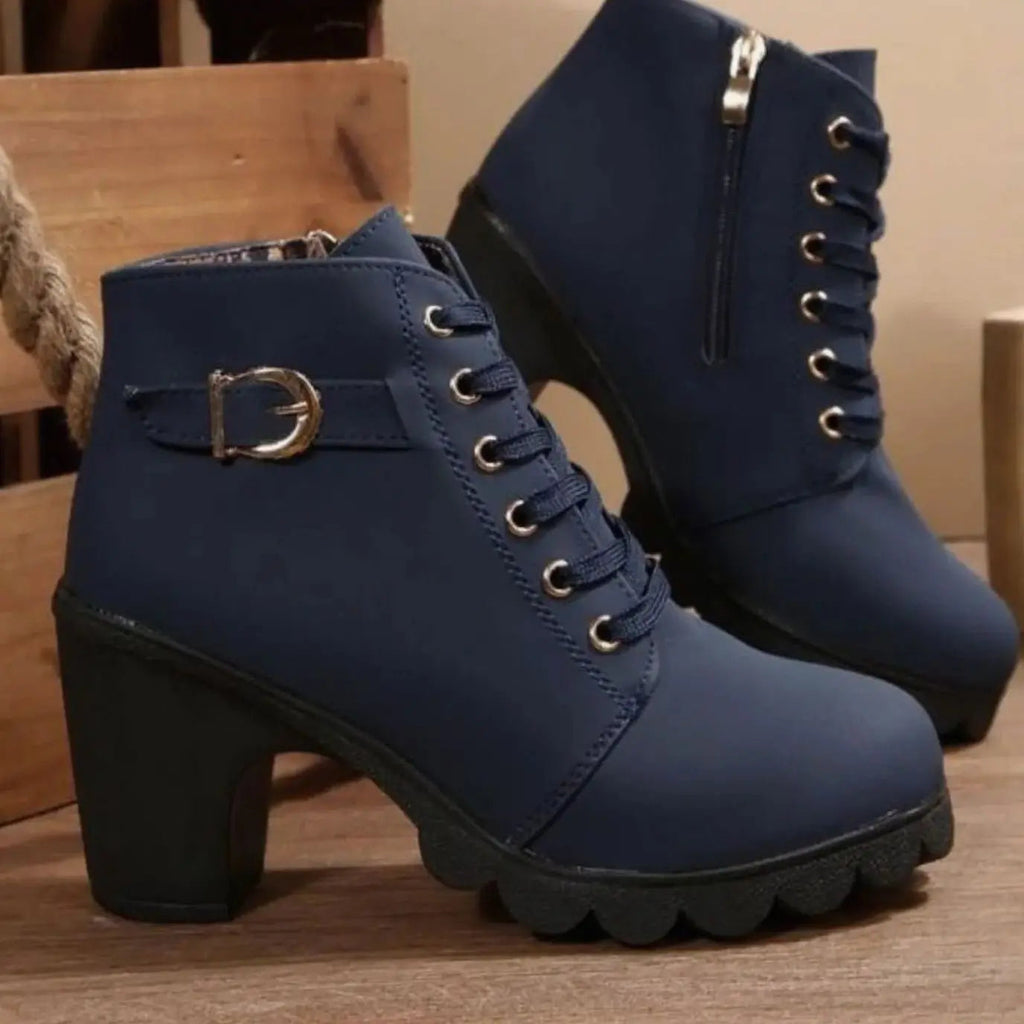 Heeled Lace-Up Ankle Boots with Buckle Strap and Platform Sole