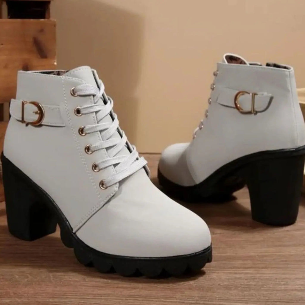 Heeled Lace-Up Ankle Boots with Buckle Strap and Platform Sole