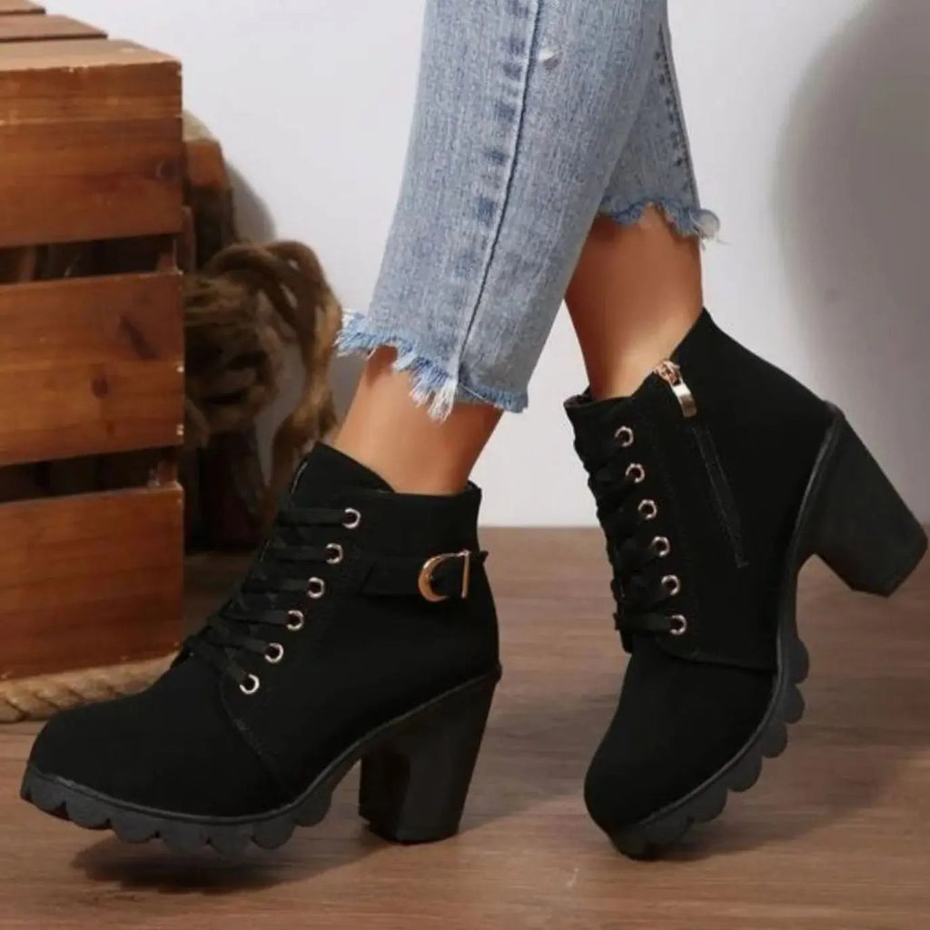 Heeled Lace-Up Ankle Boots with Buckle Strap and Platform Sole