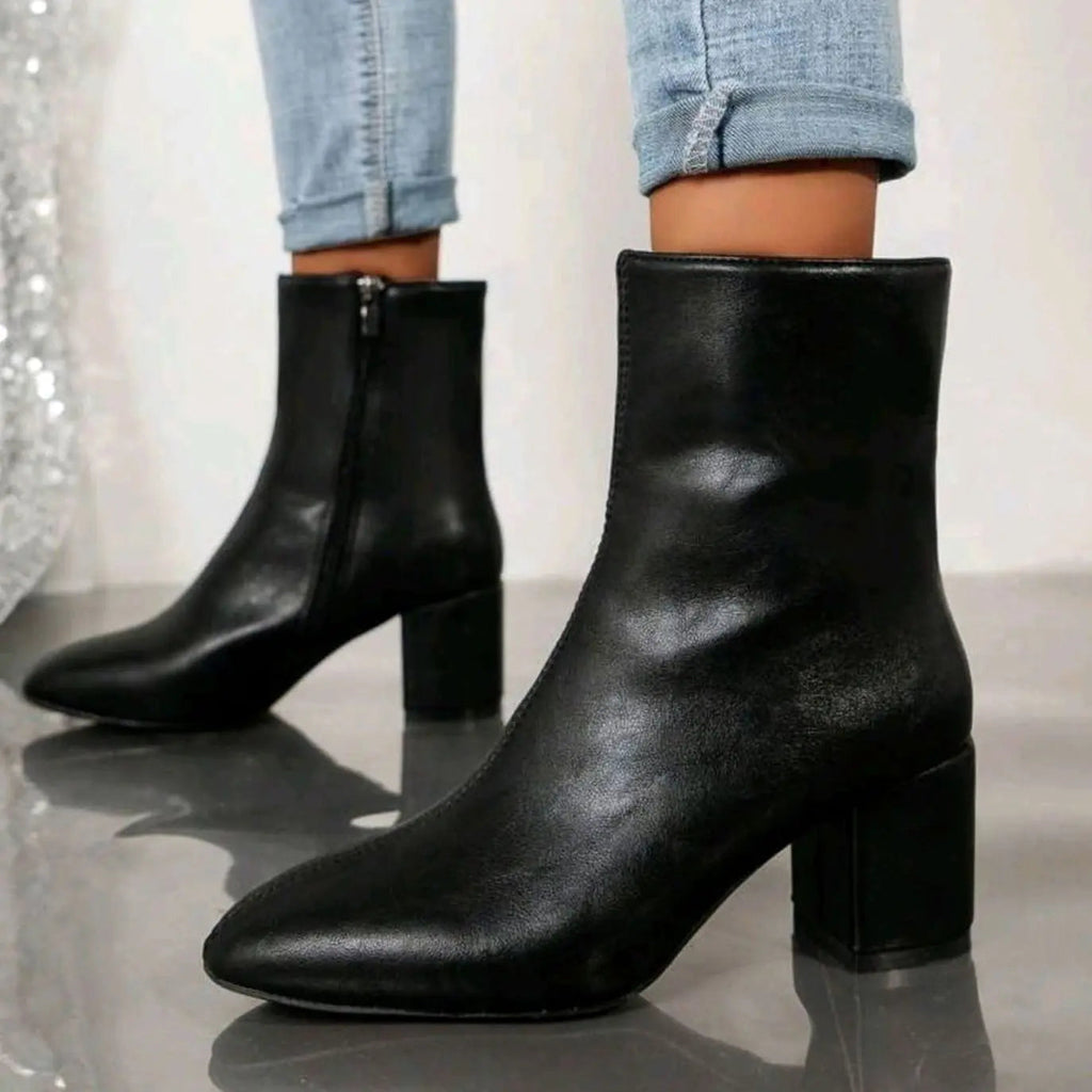 Heeled Leather Ankle Boots with Block Heel and Side Zip