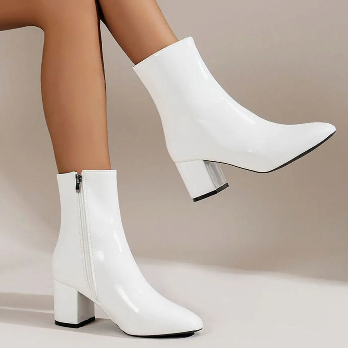 Heeled Leather Ankle Boots with Block Heel and Side Zip