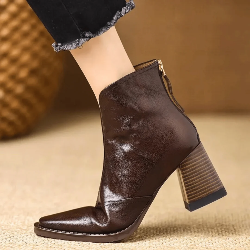 Heeled Leather Ankle Boots with Block Heel and V-Cut Front