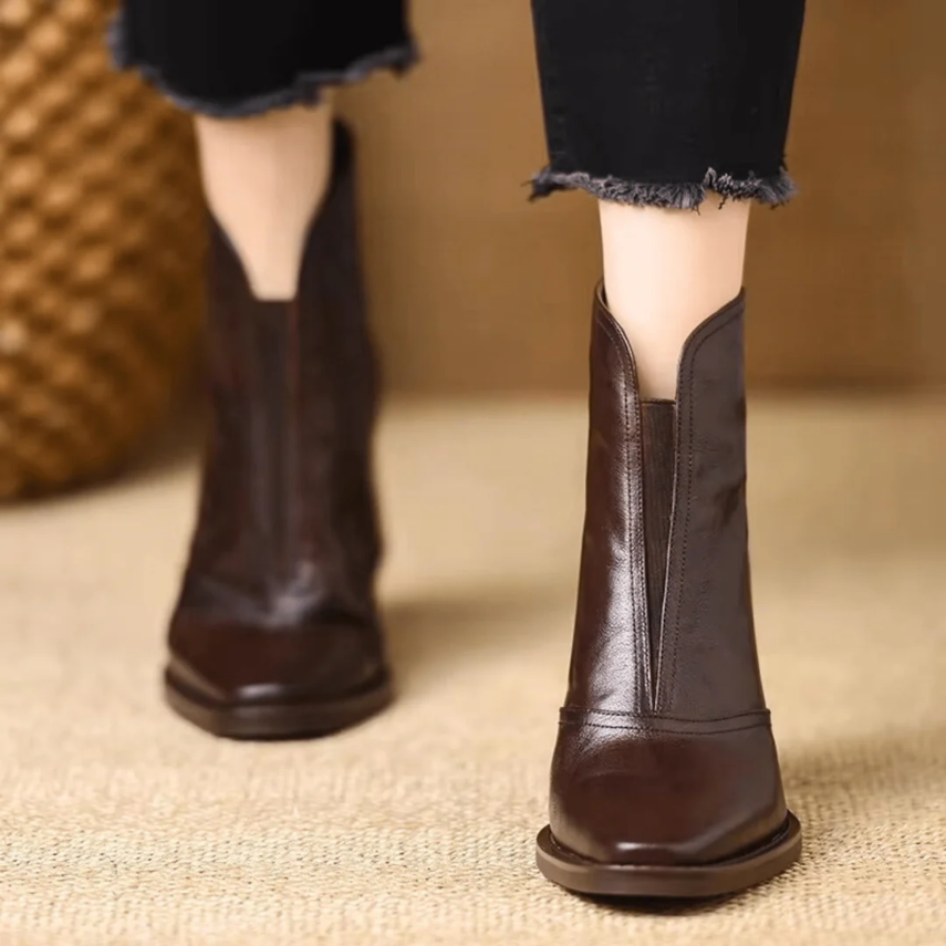 Heeled Leather Ankle Boots with Block Heel and V-Cut Front