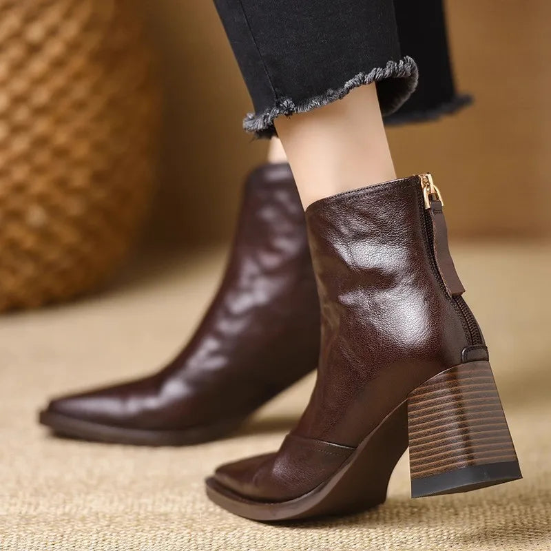 Heeled Leather Ankle Boots with Block Heel and V-Cut Front