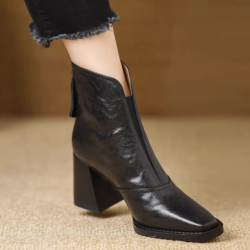Heeled Leather Ankle Boots with Block Heel and V-Cut Front
