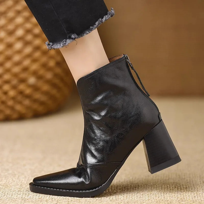 Heeled Leather Ankle Boots with Block Heel and V-Cut Front