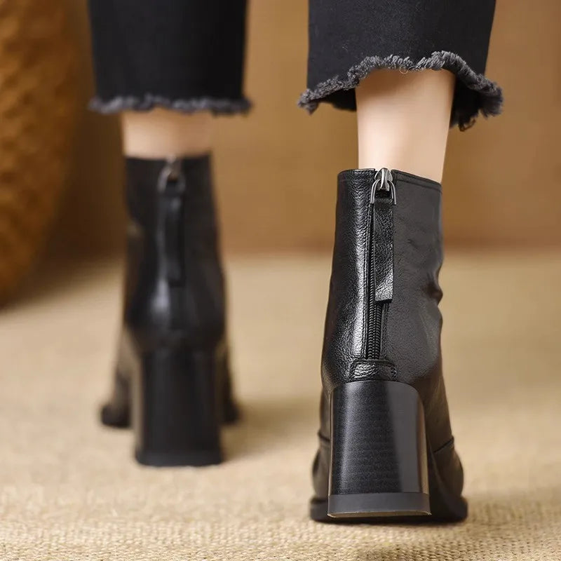 Heeled Leather Ankle Boots with Block Heel and V-Cut Front