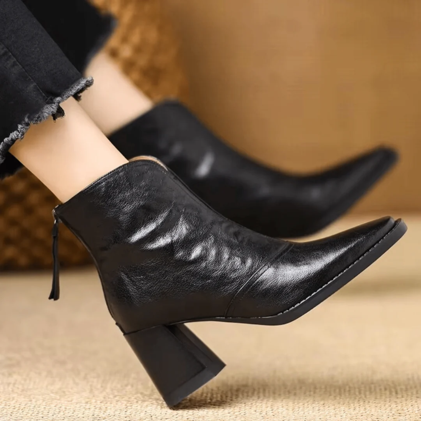 Heeled Leather Ankle Boots with Block Heel and V-Cut Front