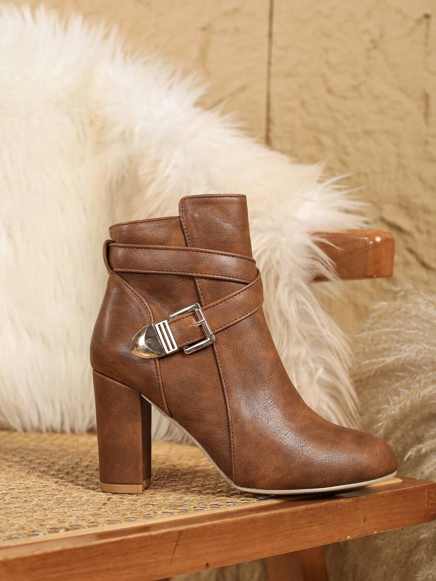 Heeled Leather Ankle Boots with Crossover Buckle Strap
