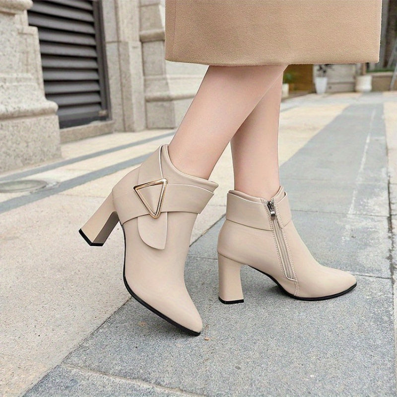 Heeled Leather Ankle Boots with Gold Triangle Buckle