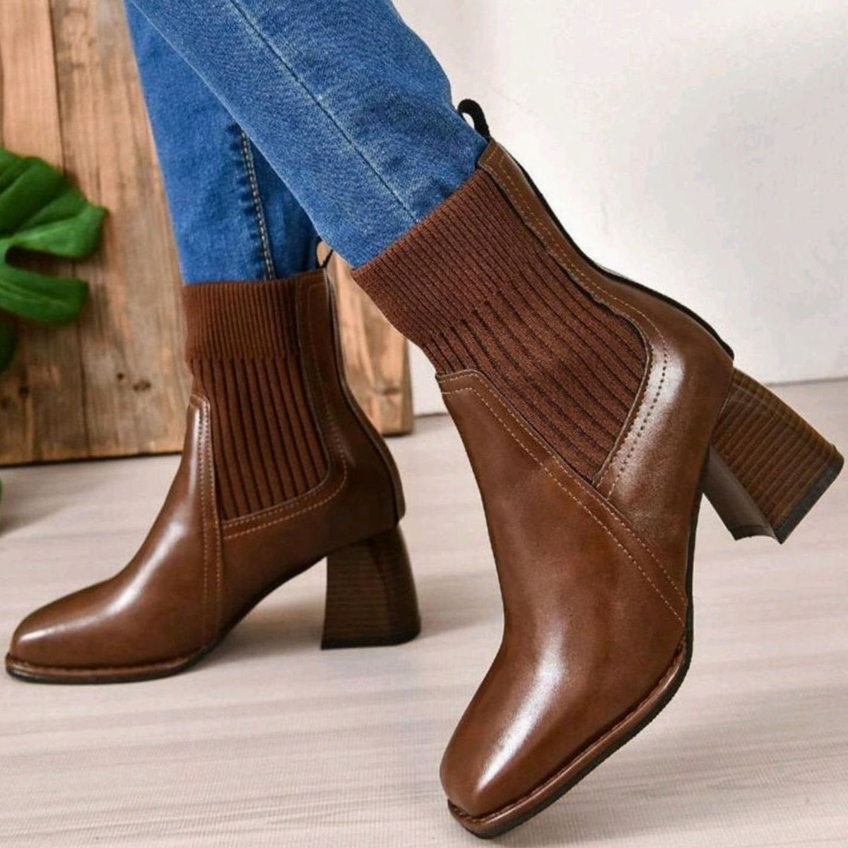 Heeled Leather Ankle Boots with Knit Panel and Block Heel