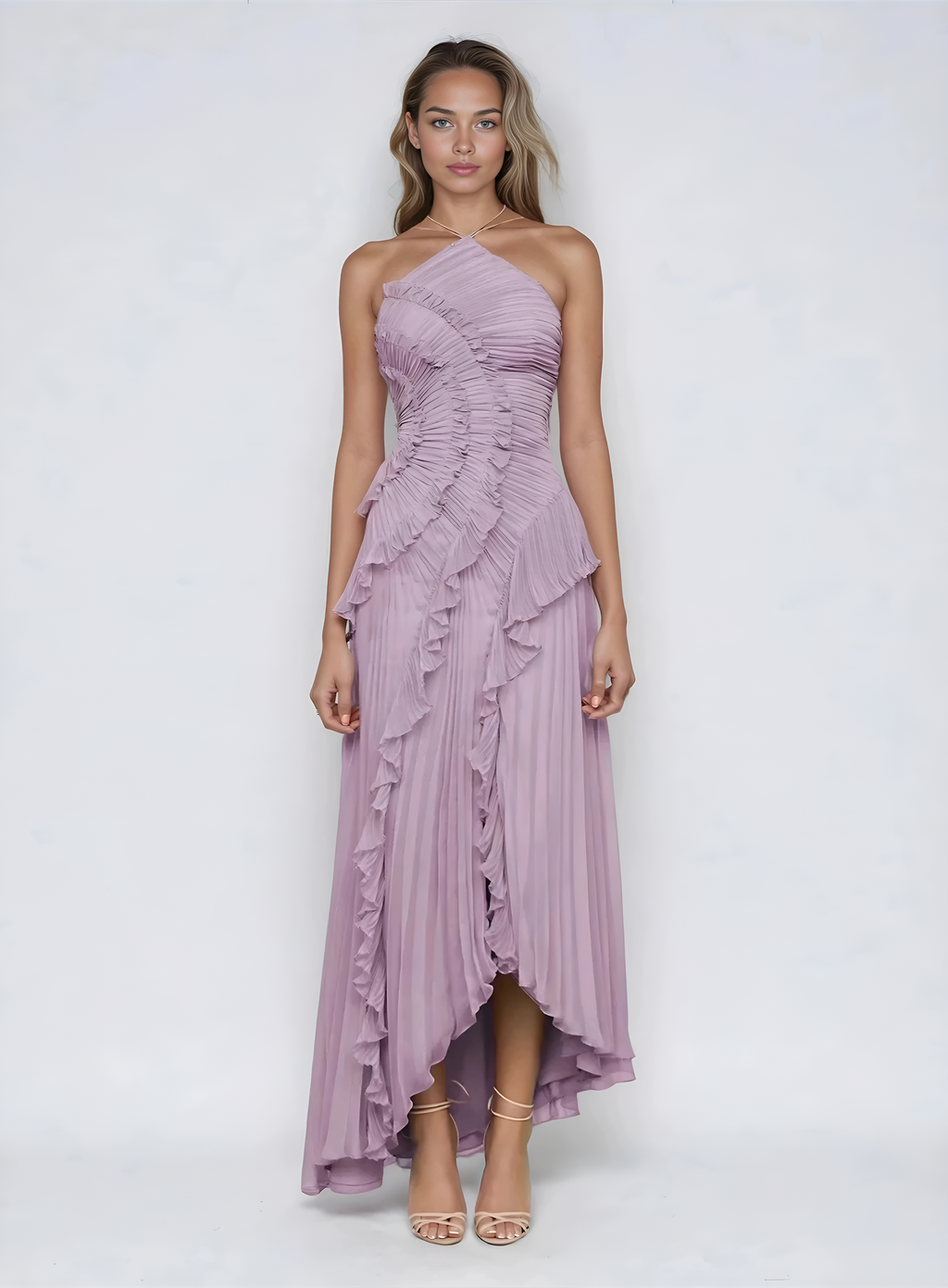 Vestido Largo Lila Elegante Plisado para Mujer