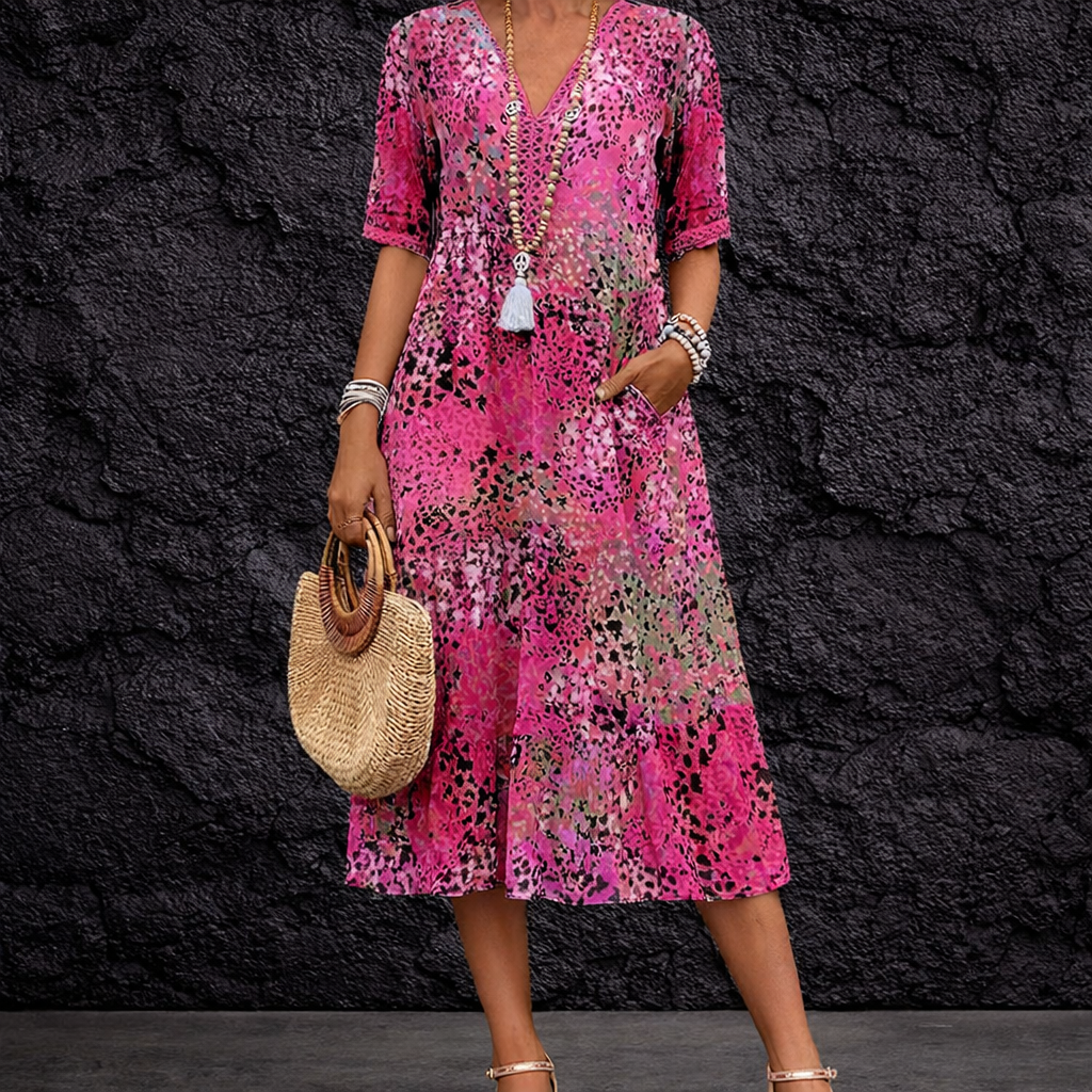 Vestido Midi Femenino Estampado con Escote en V y Manga Corta Casual