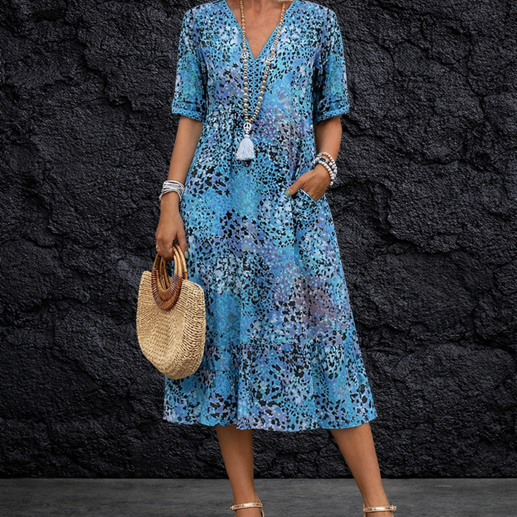 Vestido Midi Femenino Estampado con Escote en V y Manga Corta Casual