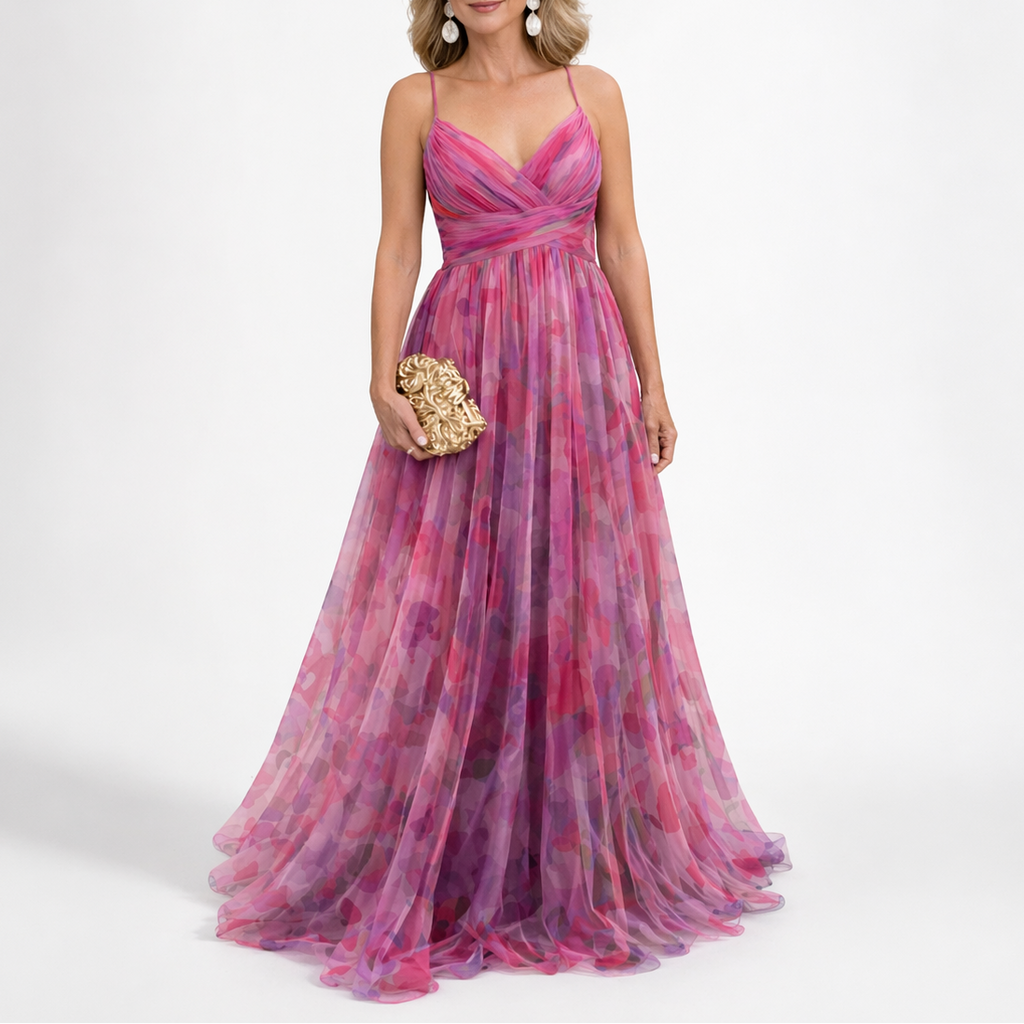 Vestido Largo Femenino Elegante con Tirantes y Estampado Rosa para Fiesta