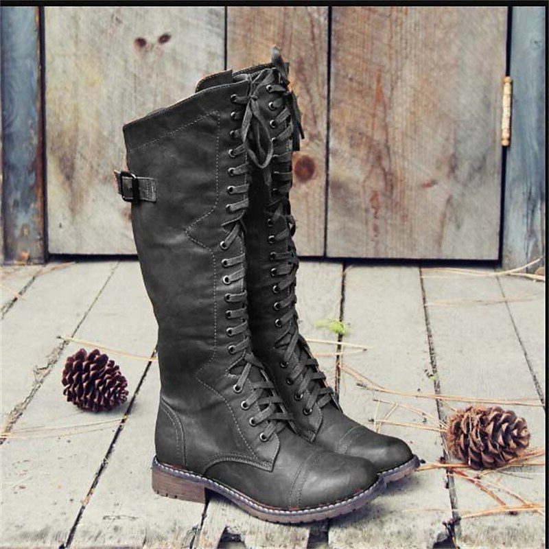 Knee High Lace-Up Leather Boots with Side Buckle