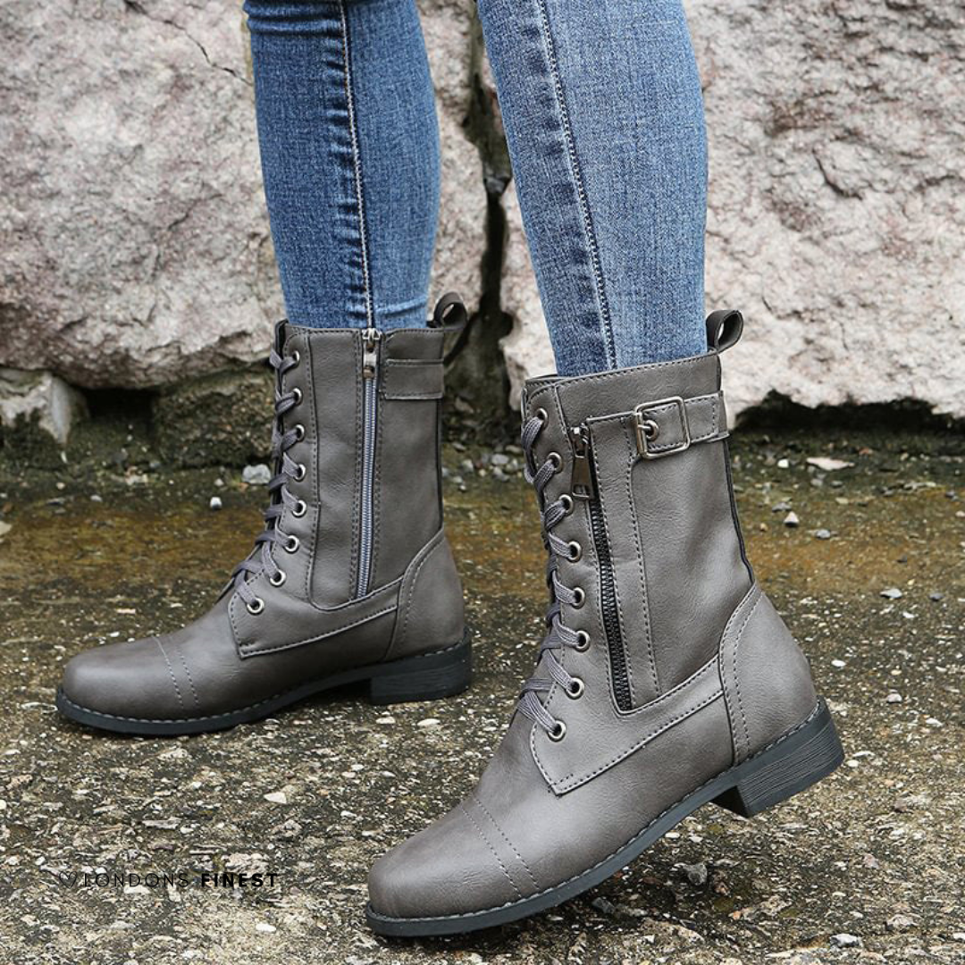 Lace Up Leather Combat Boots with Buckle Strap