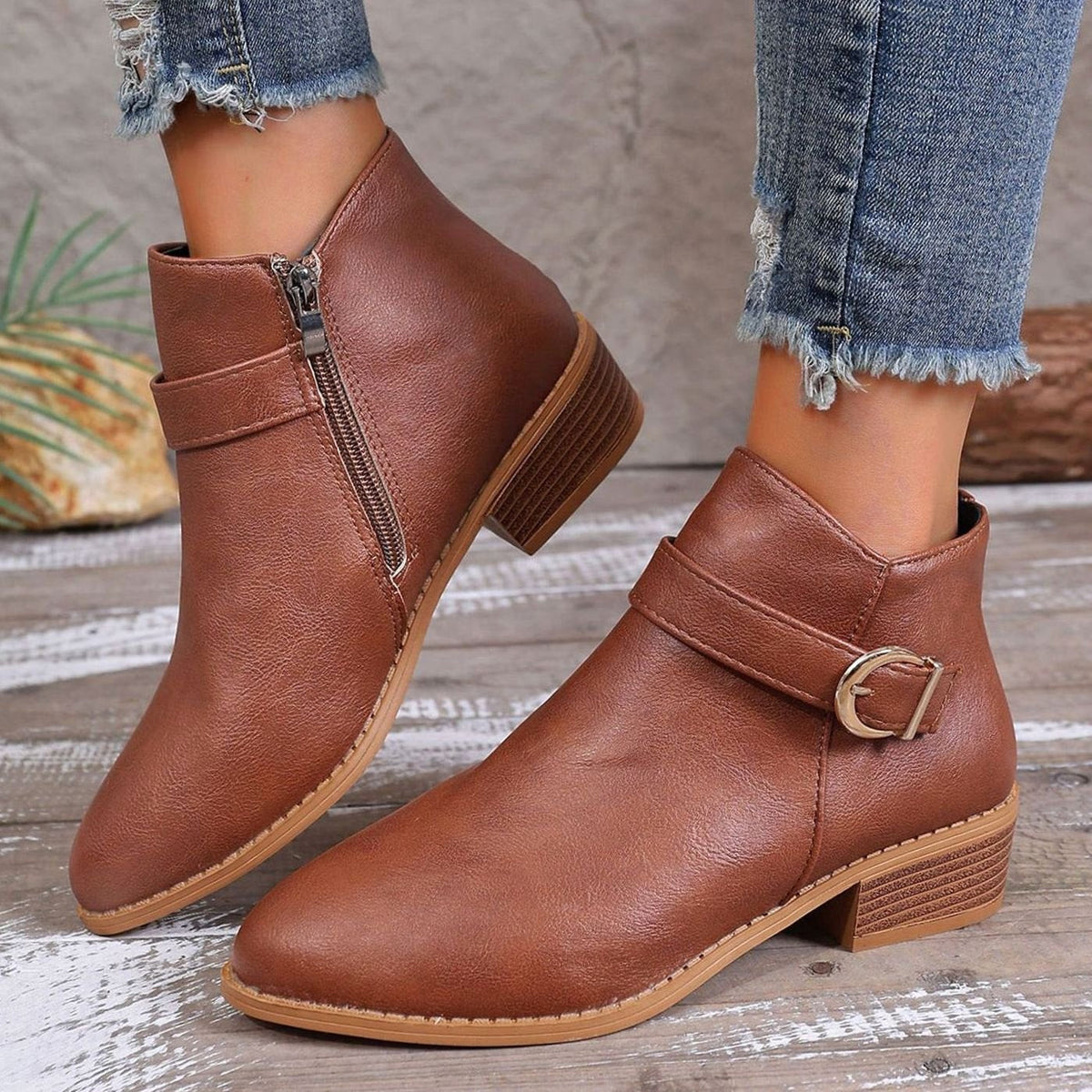 Leather Ankle Boots with Buckle Strap and Block Heel