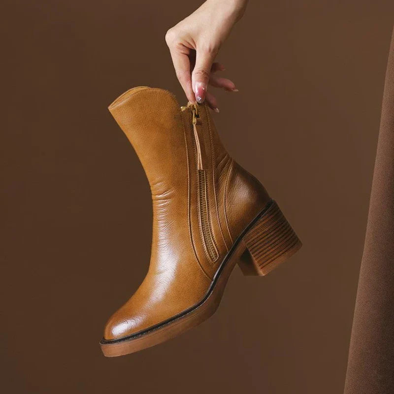 Leather Heeled Ankle Boots with Block Heel and Tassel Zip