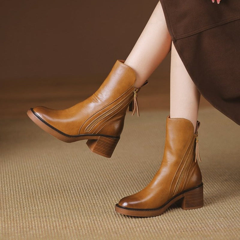 Leather Heeled Ankle Boots with Block Heel and Tassel Zip