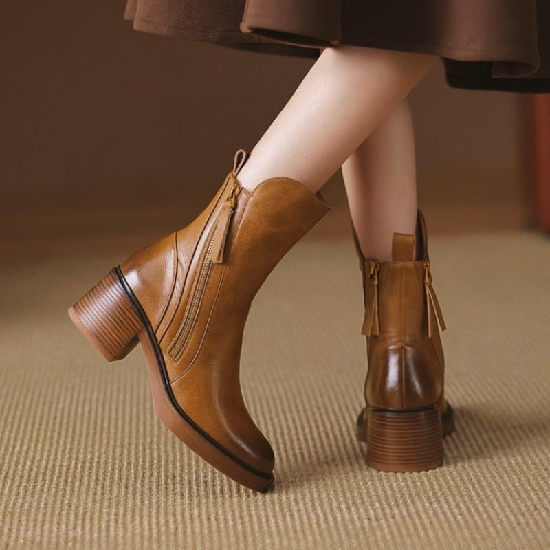 Leather Heeled Ankle Boots with Block Heel and Tassel Zip