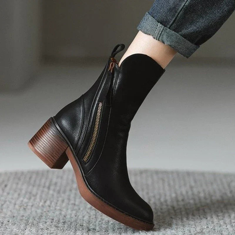 Leather Heeled Ankle Boots with Block Heel and Tassel Zip