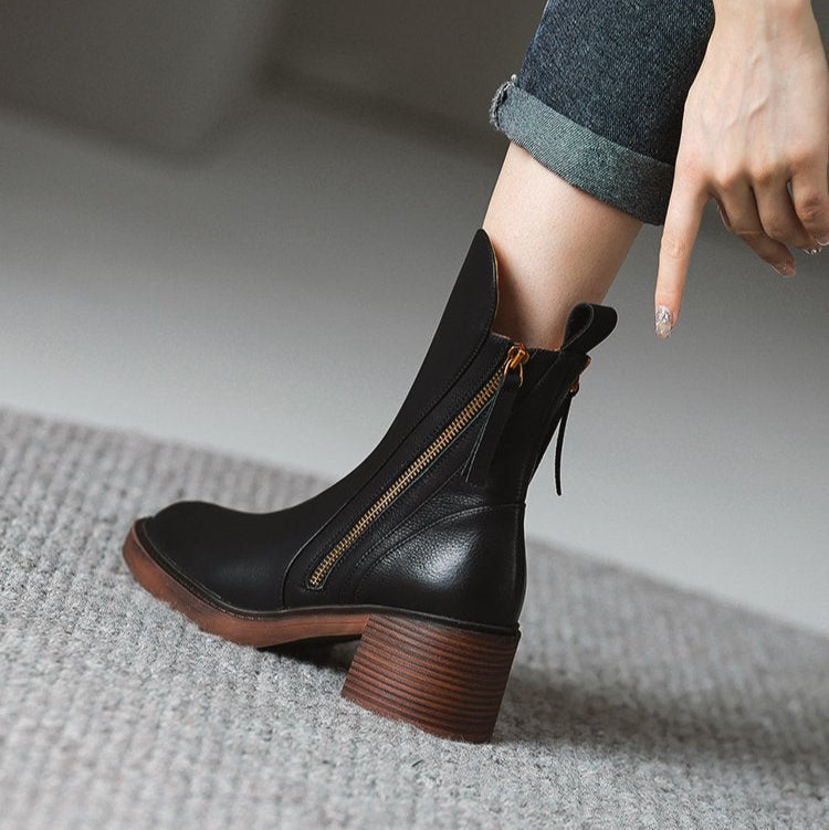 Leather Heeled Ankle Boots with Block Heel and Tassel Zip