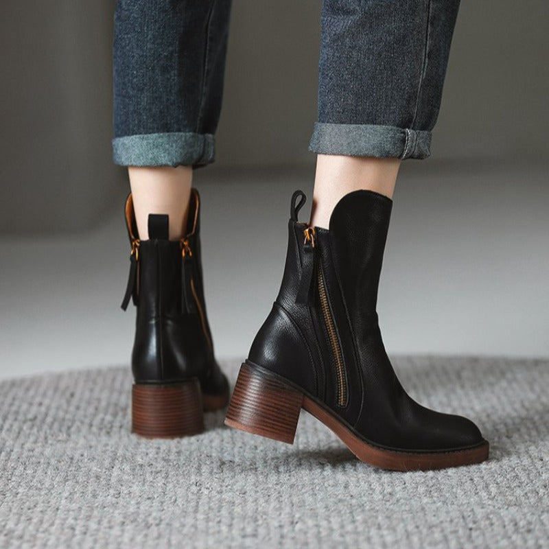Leather Heeled Ankle Boots with Block Heel and Tassel Zip