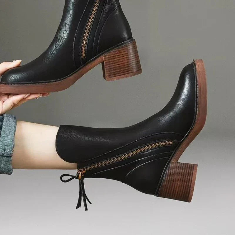 Leather Heeled Ankle Boots with Block Heel and Tassel Zip
