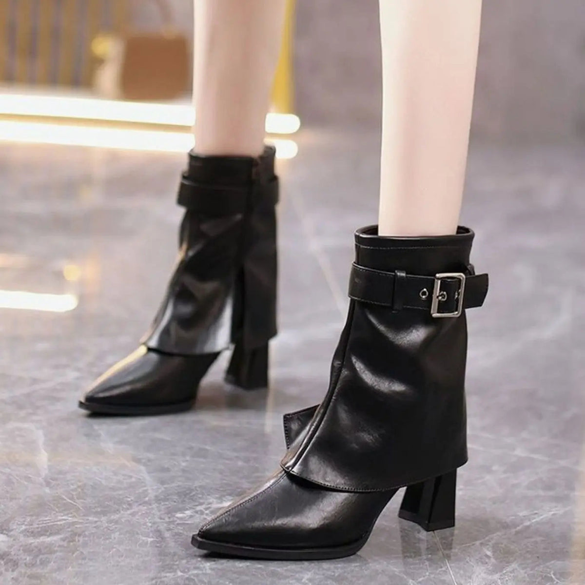 Leather Heeled Ankle Boots with Buckle Strap and Pointed Toe