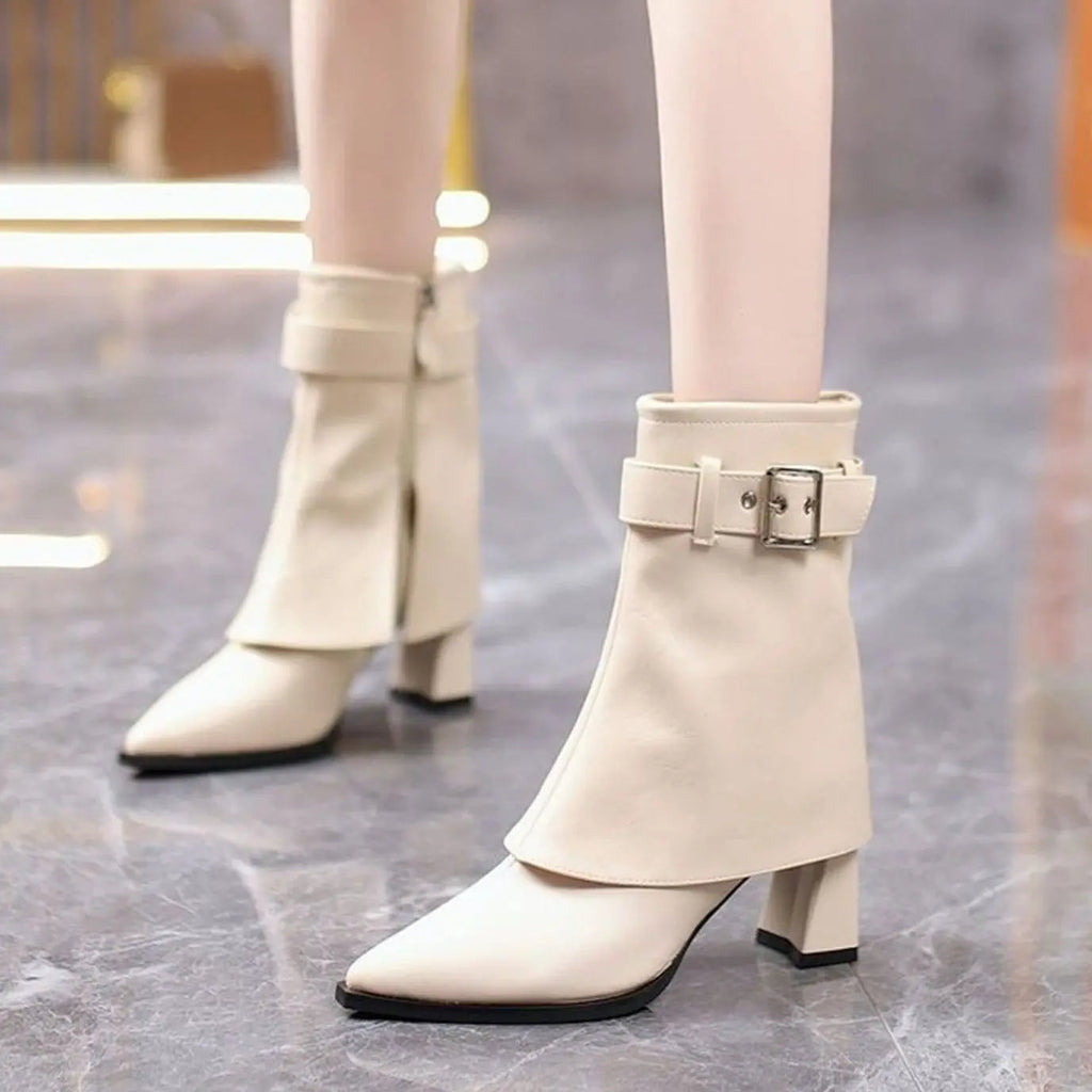 Leather Heeled Ankle Boots with Buckle Strap and Pointed Toe