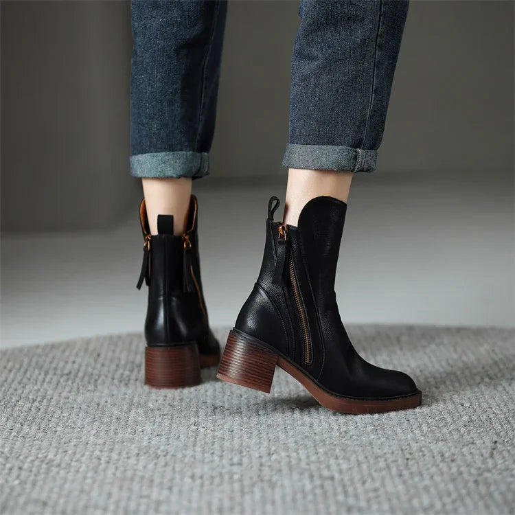 Leather Heeled Ankle Boots with Front Zip and Block Heel