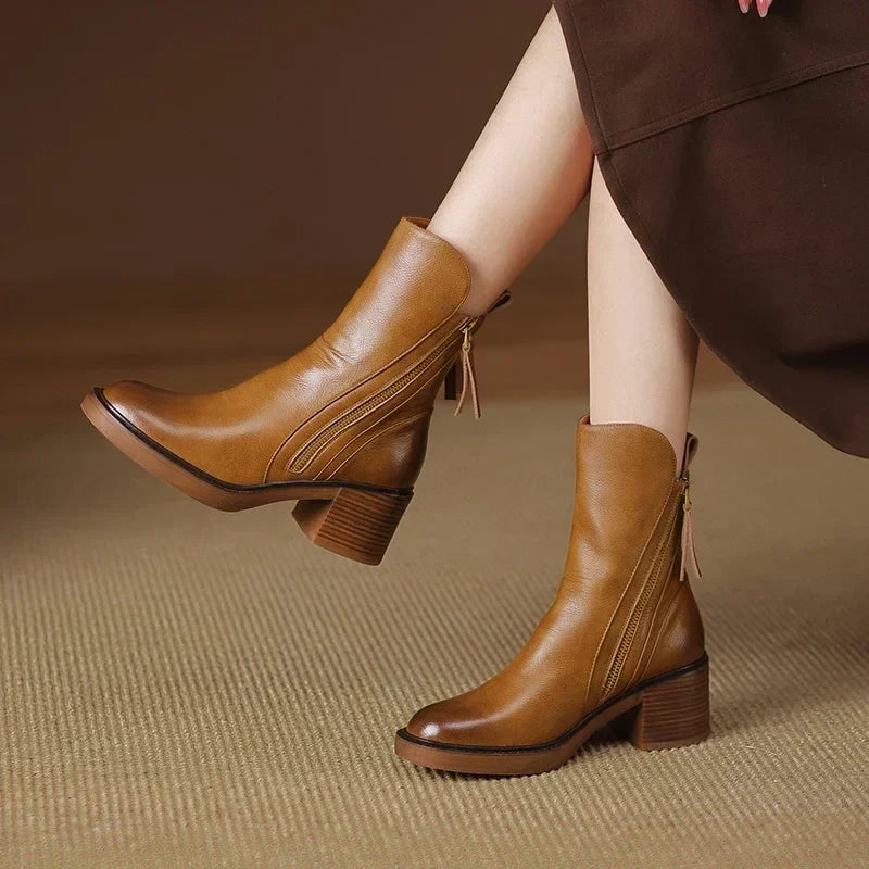 Leather Heeled Ankle Boots with Front Zip and Block Heel