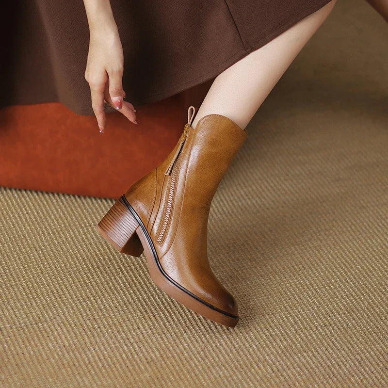 Leather Heeled Ankle Boots with Front Zip and Block Heel