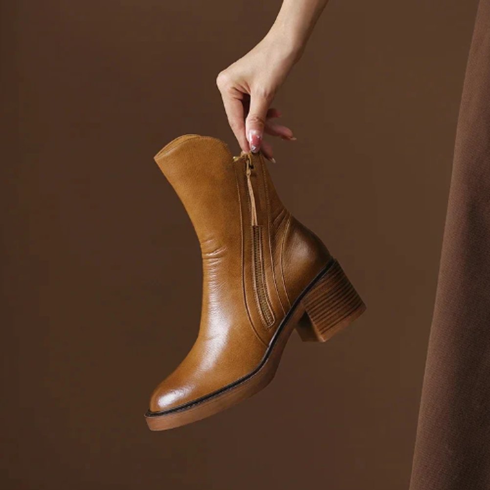 Leather Heeled Ankle Boots with Side Zip and Block Heel