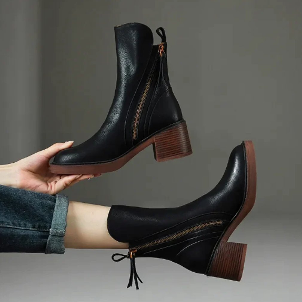Leather Heeled Ankle Boots with Side Zip and Block Heel