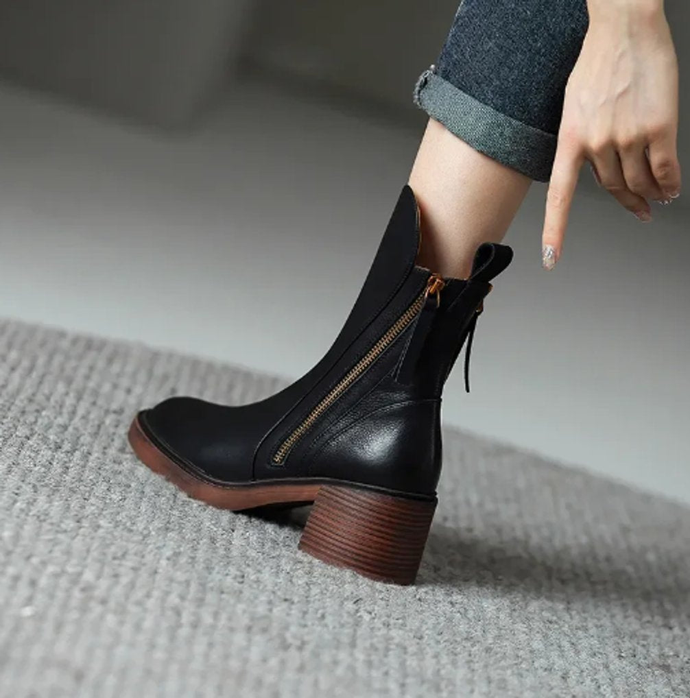 Leather Heeled Ankle Boots with Side Zip and Block Heel