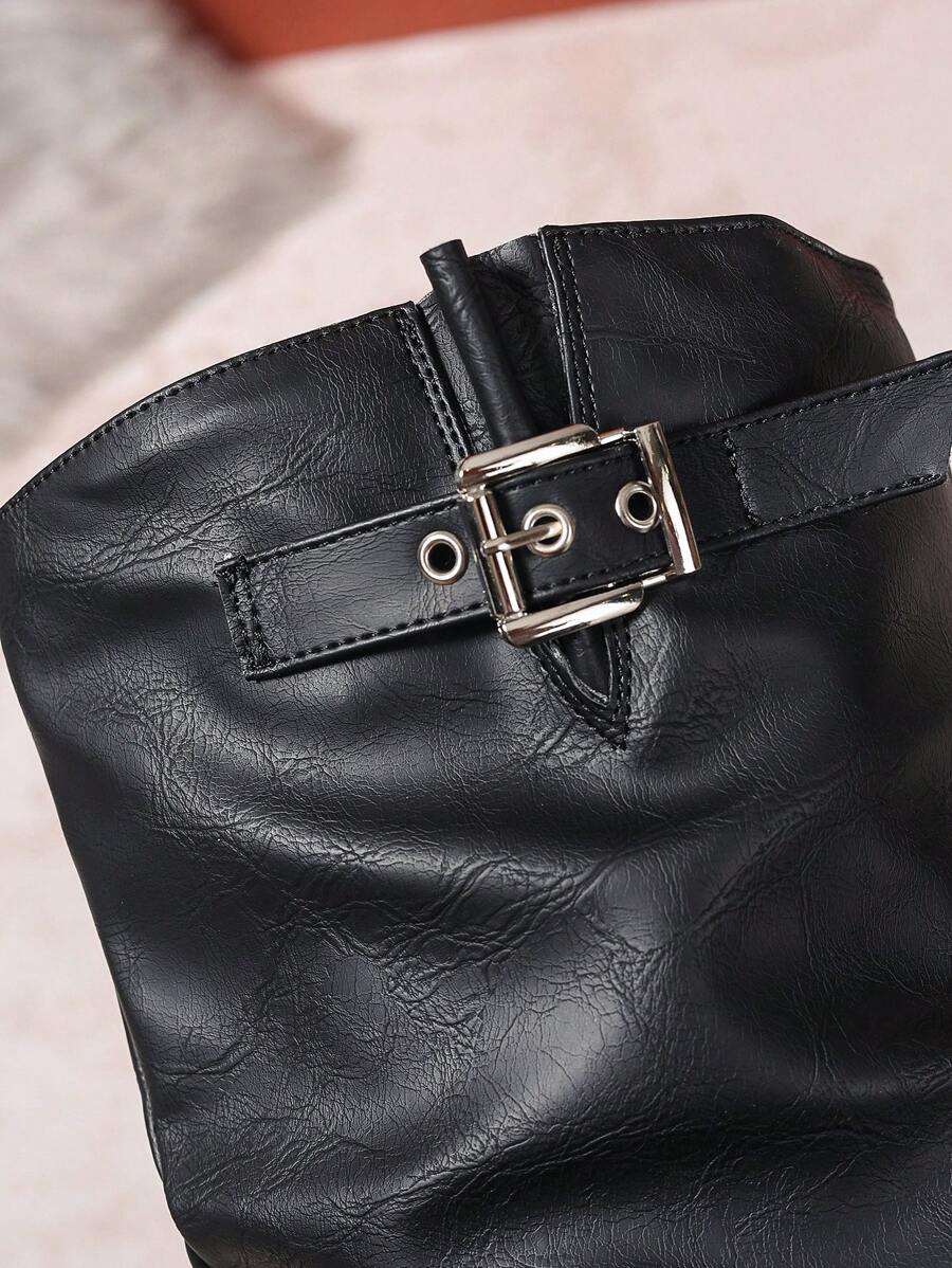 Leather Knee High Boots with Double Buckle and Block Heel
