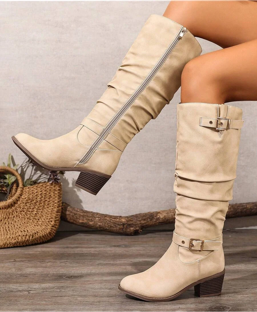 Leather Knee High Boots with Double Buckle and Block Heel