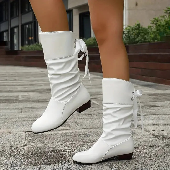 Leather Knee High Boots with Ruched Shaft and Bow Tie Detail