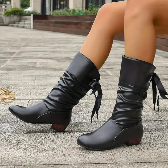 Leather Knee High Boots with Ruched Shaft and Bow Tie Detail