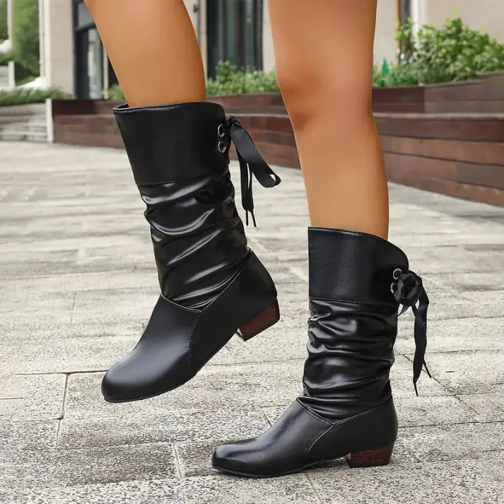 Leather Knee High Boots with Ruched Shaft and Bow Tie Detail