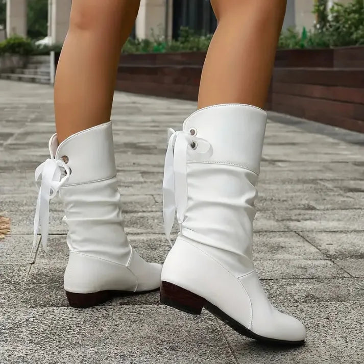 Leather Knee High Boots with Ruched Shaft and Bow Tie Detail