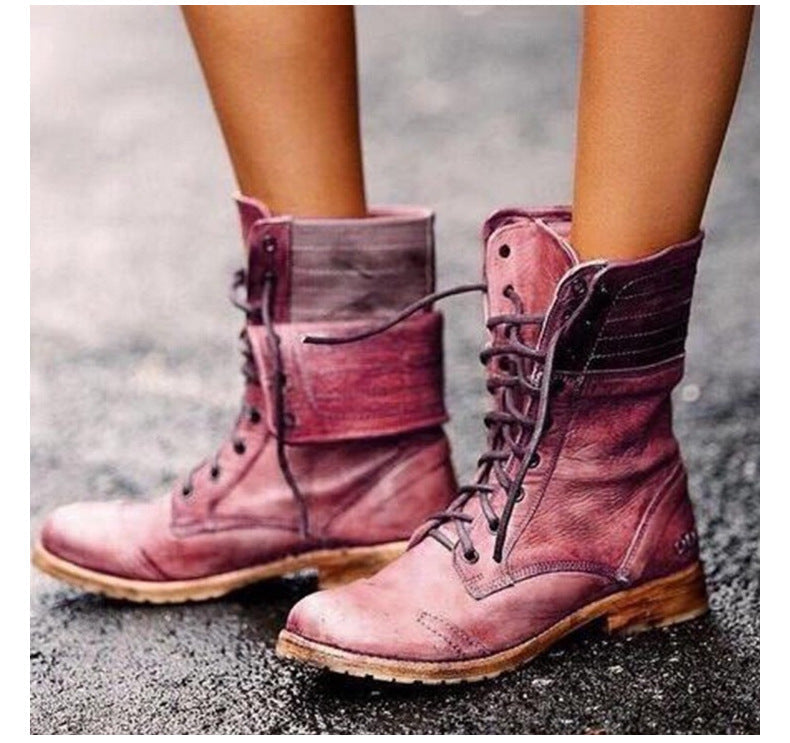 Leather Lace Up Combat Boots with Fold Down Cuff